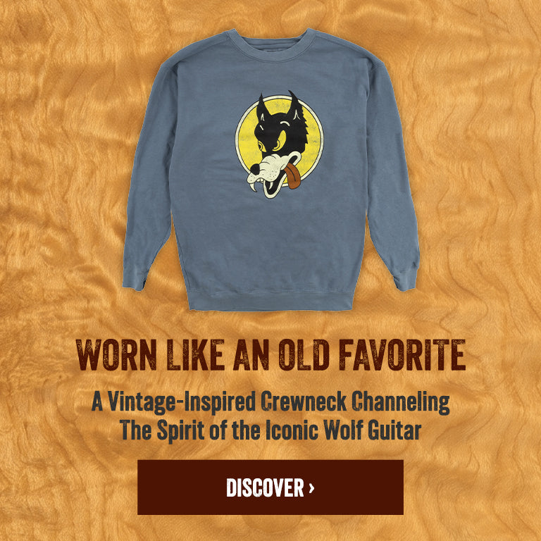 Worn Like An Old Favorite - A vintage-inspired crewneck channeling the spirit of the iconic Wolf guitar | Discover>
